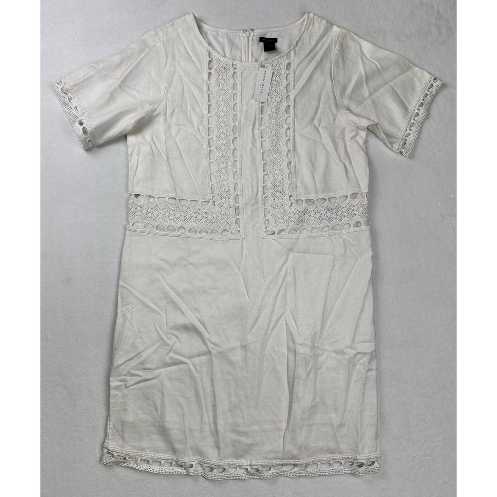 Ann Taylor Factory White Linen Blend Lace Trim Shift Dress Women's Size 12โ